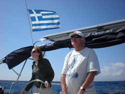 Dr. Marc De Roeck and Pascale Pollier sailing to Zakynthos