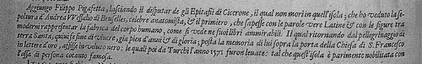 Passage in Abraham Ortelius’s Teatro del Mondo with Pigafetta’s report on Vesalius’s burial place. In Italian